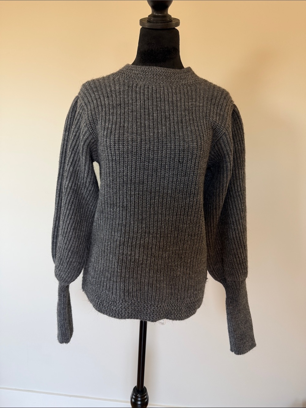 Cozy Charcoal Puff Sleeve Ribbed Crewneck Sweater